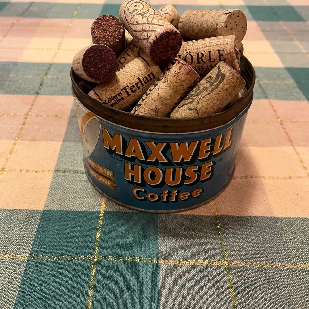 Vintage Maxwell House Coffee Tin with 39 Corks -